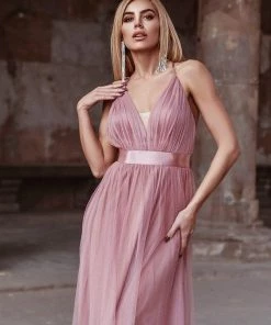 Ever-Pretty US Sexy V-neck Open Back Pleated Maxi Tulle Evening Dresses