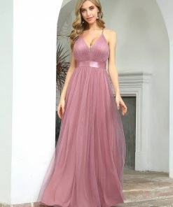 Ever-Pretty US Sexy V-neck Open Back Pleated Maxi Tulle Evening Dresses