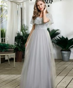 Ever-Pretty US SHOP BY OCCASION Women's V-Neck Ruffles Sequin Dress Floor Length Prom Dresses