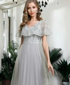 Ever-Pretty US SHOP BY OCCASION Women's V-Neck Ruffles Sequin Dress Floor Length Prom Dresses