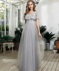 Ever-Pretty US SHOP BY OCCASION Women's V-Neck Ruffles Sequin Dress Floor Length Prom Dresses