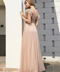 Ever-Pretty US Deep Double V Neck Flowy Tulle Blush Bridesmaid Dress