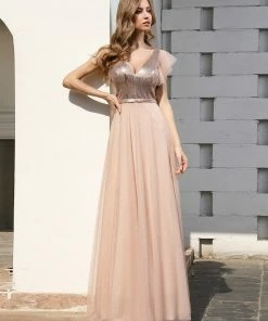 Ever-Pretty US Deep Double V Neck Flowy Tulle Blush Bridesmaid Dress