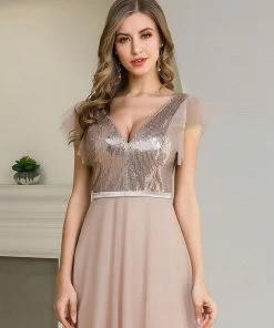 Ever-Pretty US Deep Double V Neck Flowy Tulle Blush Bridesmaid Dress