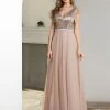 Ever-Pretty US Deep Double V Neck Flowy Tulle Blush Bridesmaid Dress