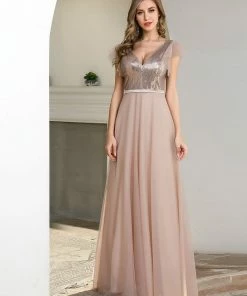 Ever-Pretty US Deep Double V Neck Flowy Tulle Blush Bridesmaid Dress