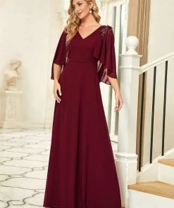 Ever-Pretty US Custom Size Elegant V Neck Chiffon Evening Dresses With Flowy Sleeves Summer Dresses 2022