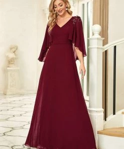 Ever-Pretty US Custom Size Elegant V Neck Chiffon Evening Dresses With Flowy Sleeves Summer Dresses 2022