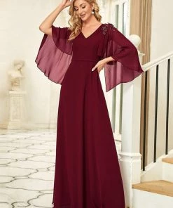 Ever-Pretty US Custom Size Elegant V Neck Chiffon Evening Dresses With Flowy Sleeves Summer Dresses 2022