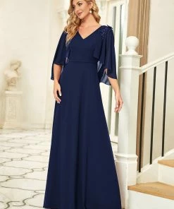 Ever-Pretty US Custom Size Elegant V Neck Chiffon Evening Dresses With Flowy Sleeves Summer Dresses 2022