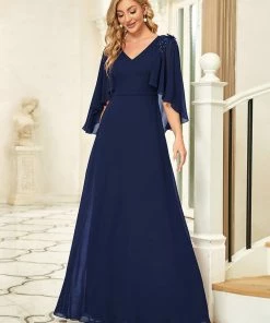 Ever-Pretty US Custom Size Elegant V Neck Chiffon Evening Dresses With Flowy Sleeves Summer Dresses 2022
