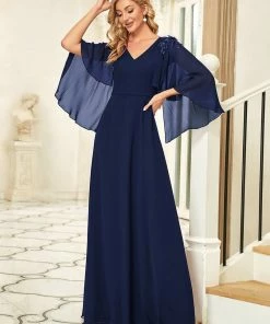Ever-Pretty US Custom Size Elegant V Neck Chiffon Evening Dresses With Flowy Sleeves Summer Dresses 2022