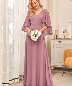 Ever-Pretty US Custom Size Elegant V Neck Chiffon Evening Dresses With Flowy Sleeves Summer Dresses 2022