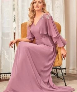 Ever-Pretty US Custom Size Elegant V Neck Chiffon Evening Dresses With Flowy Sleeves Summer Dresses 2022