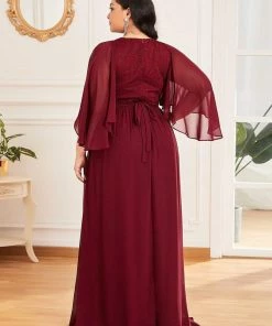 Ever-Pretty US Plus Size Deep V Neck Lace Bodice Long Flowy Evening Dress