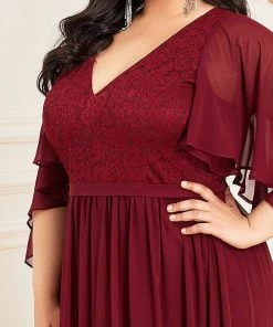 Ever-Pretty US Plus Size Deep V Neck Lace Bodice Long Flowy Evening Dress