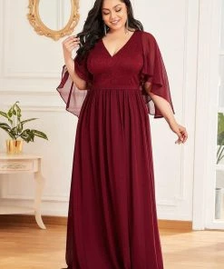 Ever-Pretty US Plus Size Deep V Neck Lace Bodice Long Flowy Evening Dress