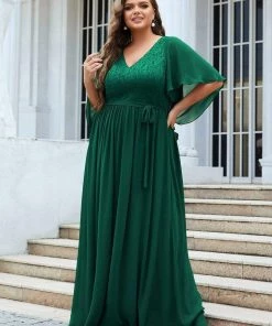 Ever-Pretty US Deep V Neck Lace Bodice Long Flowy Evening Dress