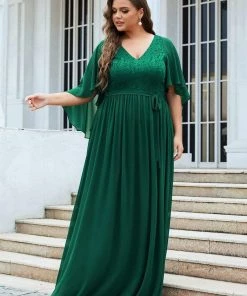 Ever-Pretty US Plus Size Deep V Neck Lace Bodice Long Flowy Evening Dress