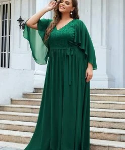 Ever-Pretty US Plus Size Deep V Neck Lace Bodice Long Flowy Evening Dress