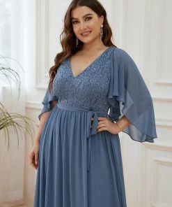 Ever-Pretty US Deep V Neck Lace Bodice Long Flowy Evening Dress