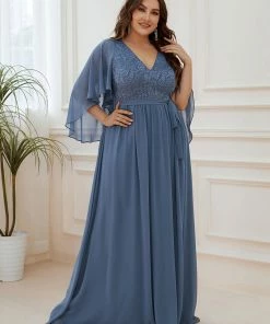 Ever-Pretty US Deep V Neck Lace Bodice Long Flowy Evening Dress