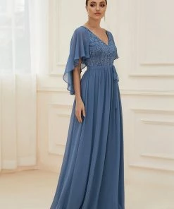 Ever-Pretty US Deep V Neck Lace Bodice Long Flowy Evening Dress