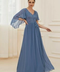 Ever-Pretty US Deep V Neck Lace Bodice Long Flowy Evening Dress