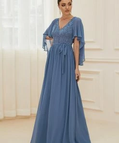 Ever-Pretty US Deep V Neck Lace Bodice Long Flowy Evening Dress