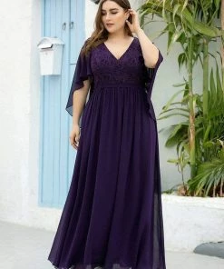 Ever-Pretty US Plus Size Deep V Neck Lace Bodice Long Flowy Evening Dress
