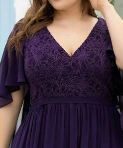 Ever-Pretty US Plus Size Deep V Neck Lace Bodice Long Flowy Evening Dress