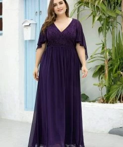 Ever-Pretty US Plus Size Deep V Neck Lace Bodice Long Flowy Evening Dress