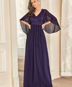Ever-Pretty US Deep V Neck Lace Bodice Long Flowy Evening Dress