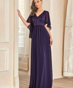 Ever-Pretty US Deep V Neck Lace Bodice Long Flowy Evening Dress