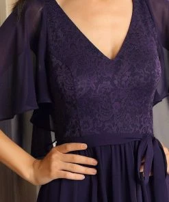 Ever-Pretty US Deep V Neck Lace Bodice Long Flowy Evening Dress