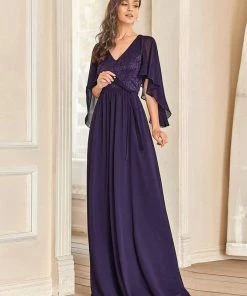 Ever-Pretty US Deep V Neck Lace Bodice Long Flowy Evening Dress
