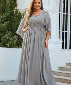 Ever-Pretty US Deep V Neck Lace Bodice Long Flowy Evening Dress