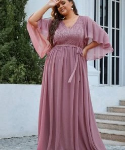 Ever-Pretty US Deep V Neck Lace Bodice Long Flowy Evening Dress