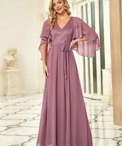 Ever-Pretty US Deep V Neck Lace Bodice Long Flowy Evening Dress