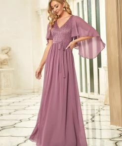 Ever-Pretty US Deep V Neck Lace Bodice Long Flowy Evening Dress