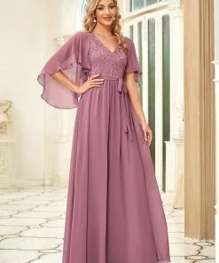 Ever-Pretty US Deep V Neck Lace Bodice Long Flowy Evening Dress
