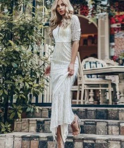 Ever-Pretty US Deep V Neckline Sequin Tassels Prom Dresses With Half Sleeves SHOP BY OCCASION