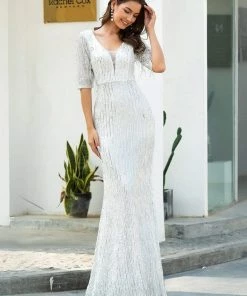 Ever-Pretty US Deep V Neckline Sequin Tassels Prom Dresses With Half Sleeves SHOP BY OCCASION