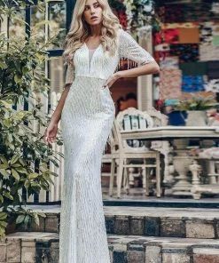 Ever-Pretty US Deep V Neckline Sequin Tassels Prom Dresses With Half Sleeves SHOP BY OCCASION