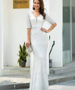 Ever-Pretty US Deep V Neckline Sequin Tassels Prom Dresses With Half Sleeves SHOP BY OCCASION