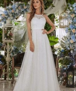 Ever-Pretty US Gorgeous Round Neck A-Line Lace & Tulle Wedding Dresses