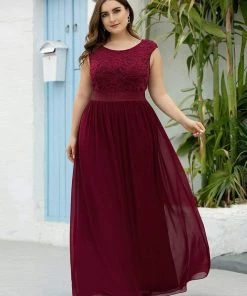 Ever-Pretty US Plus Size Classic Round Neck V Back A-Line Chiffon Bridesmaid Dresses With Lace