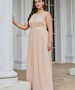 Ever-Pretty US Plus Size Classic Round Neck V Back A-Line Chiffon Bridesmaid Dresses With Lace
