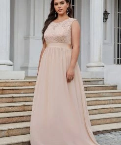 Ever-Pretty US Plus Size Classic Round Neck V Back A-Line Chiffon Bridesmaid Dresses With Lace