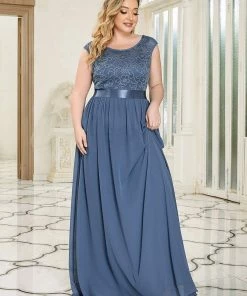 Ever-Pretty US Plus Size Classic Round Neck V Back A-Line Chiffon Bridesmaid Dresses With Lace